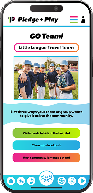 Pledge + Play - GO Team! application screen 1